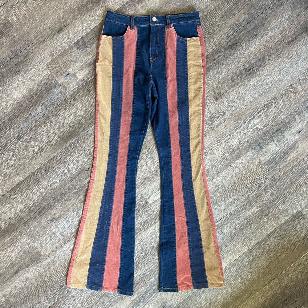 Versona patchwork stripe boho bell bottom jeans 6 long